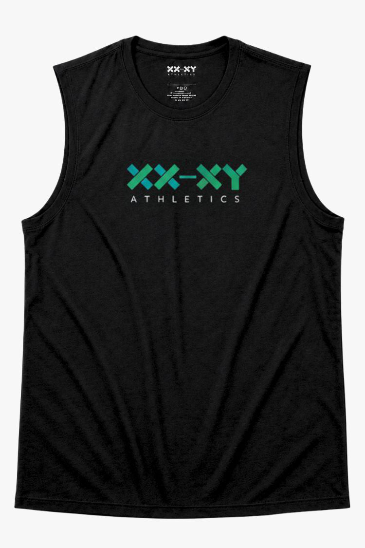 Black sleeveless shirt with green and white logo on a white background