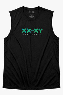 Black sleeveless shirt with green and white logo on a white background || Black