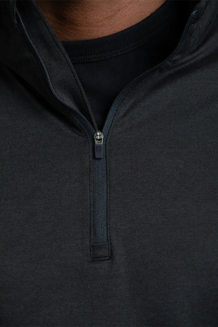 Close-up of the zipper, collar, and fabric detail on the Men’s Black Quarter Zip.