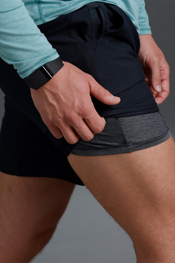 Person wearing black athletic shorts with a gray interior lining || Black