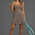 A woman modeling a taupe brown tennis dress, holding a turquoise tennis racket and balancing a yellow tennis ball on her hand against a solid gray studio background. || mocha