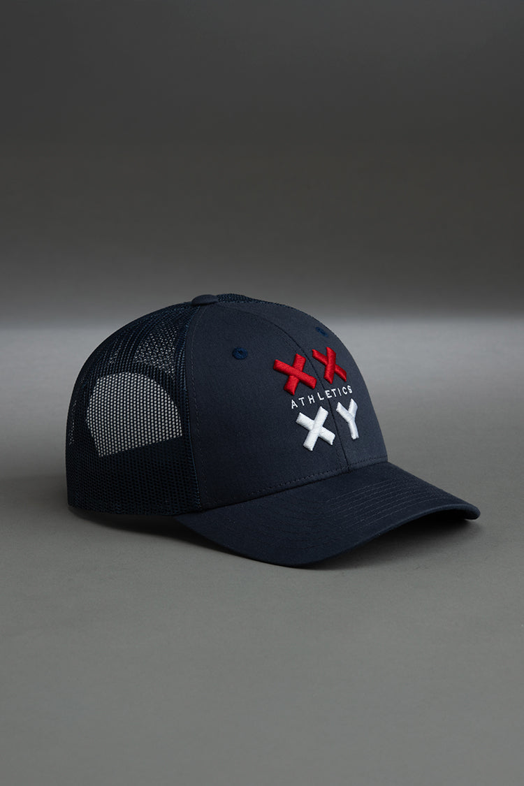 navy with red & white logo