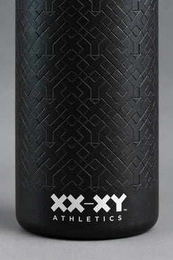 Close-up of white XX-XY Athletics logo on black textured water bottle || Black