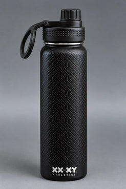 Black XX-XY Athletics water bottle with embossed geometric texture and loop handle lid on gray background || Black