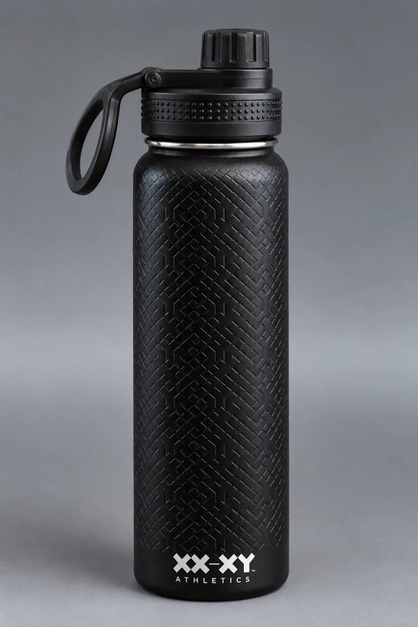 Black XX-XY Athletics water bottle with embossed geometric texture and loop handle lid on gray background || Black