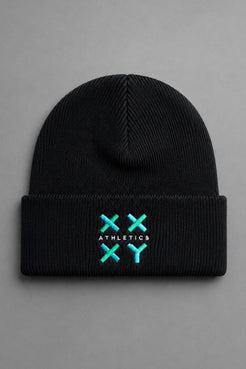 A black ribbed knit beanie hat with a folded cuff, featuring a turquoise and white embroidered logo on the front that reads 'ATHLETICS' with crossed 'X' symbols. The beanie is photographed flat against a neutral gray background. || Black