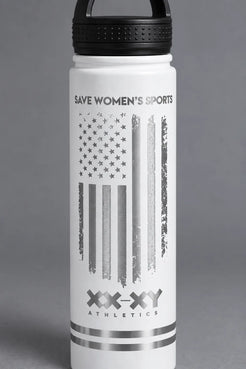 Close-up of the metallic Save Women’s Sports flag design on the white XX-XY Athletics water bottle. || White