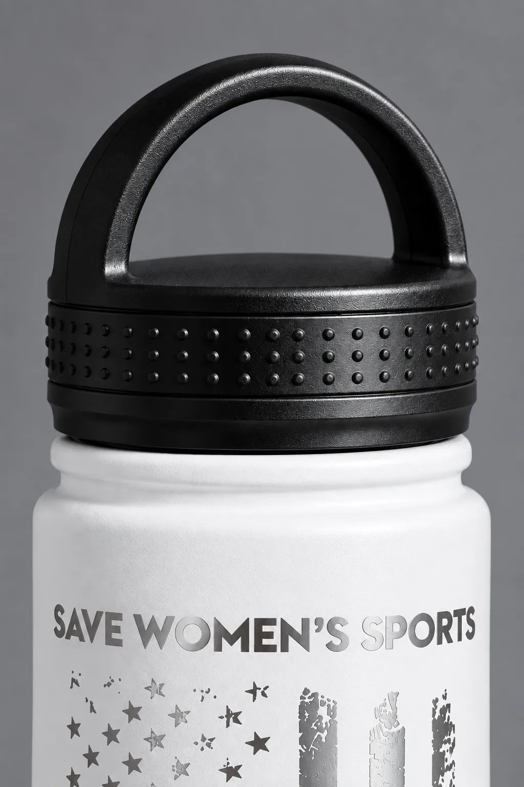Close-up of the black loop lid on the white XX-XY Athletics water bottle.