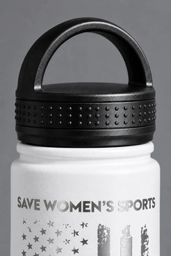 Close-up of the black loop lid on the white XX-XY Athletics water bottle.|| White
