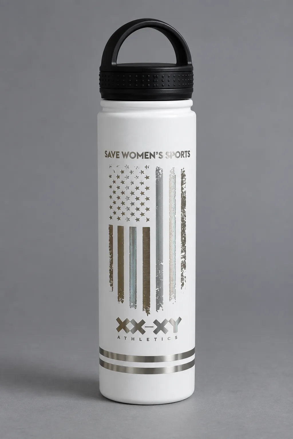 White XX-XY Athletics water bottle with metallic Save Women’s Sports flag design on a gray background. || White