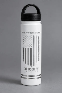 White XX-XY Athletics water bottle with metallic Save Women’s Sports flag design on a gray background. || White