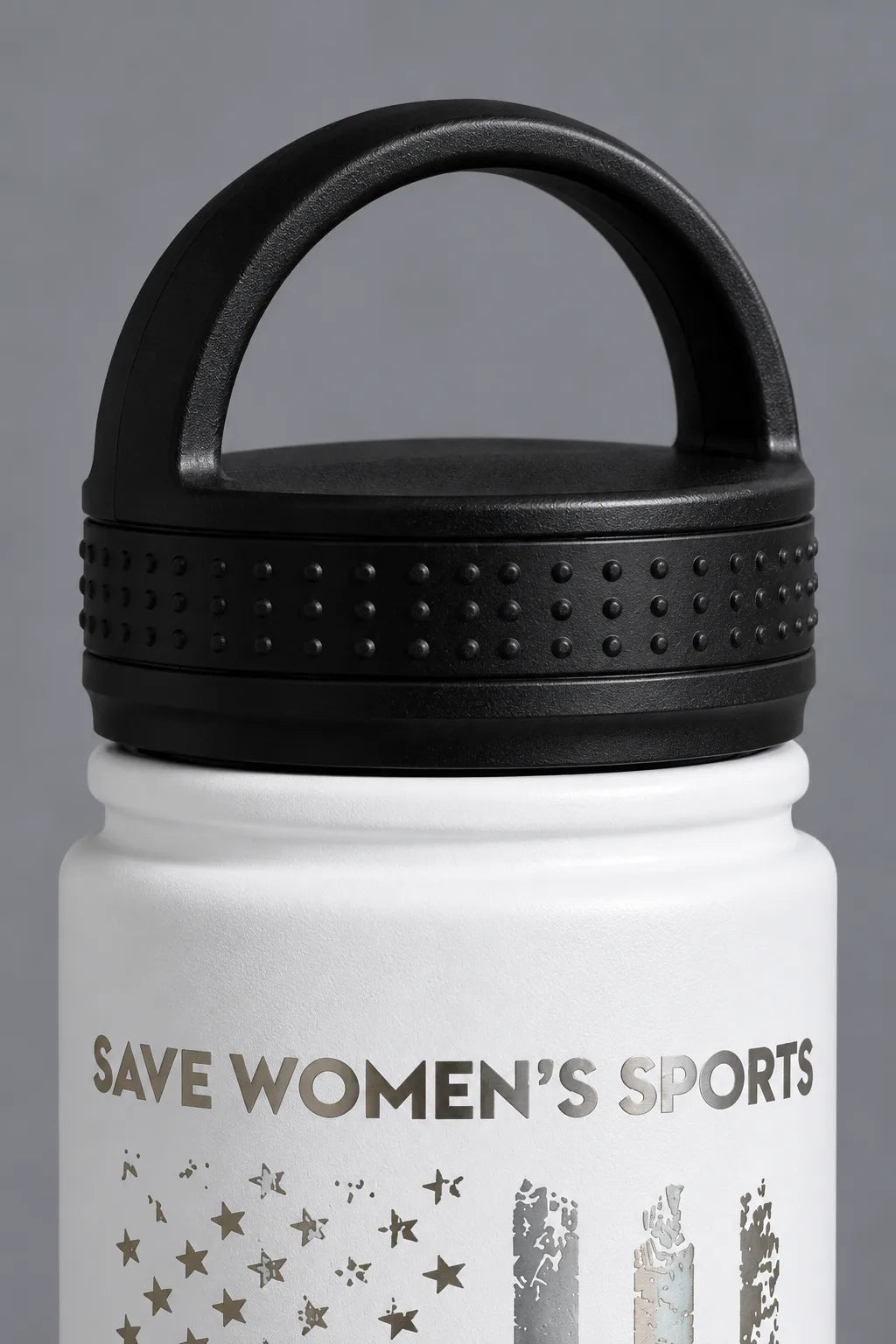Close-up of the black loop lid on the white XX-XY Athletics water bottle.