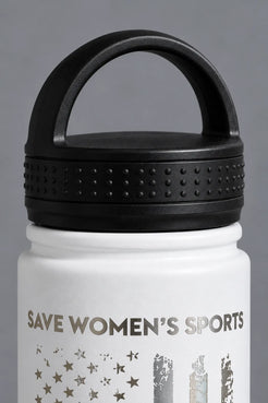 Close-up of the black loop lid on the white XX-XY Athletics water bottle.|| White