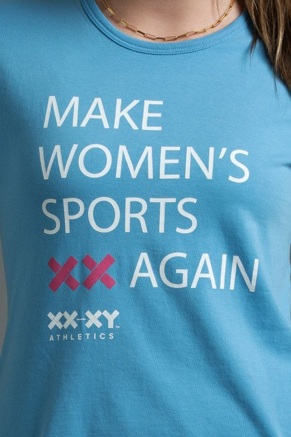 Blue t-shirt with 'MAKE WOMEN'S SPORTS AGAIN' text and XX-XY Athletics logo. || light blue