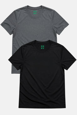 Two t-shirts, one black and one gray, with a green logo on a white background. || Dark Heather Gray/Black
