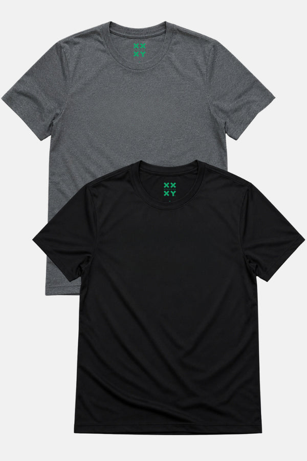 Two t-shirts, one black and one gray, with a green logo on a white background. || Dark Heather Gray/Black