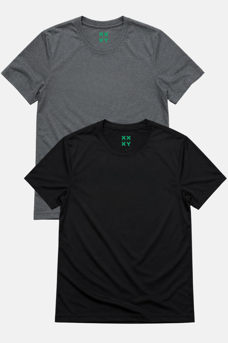 Two t-shirts, one black and one gray, with a green logo on a white background. || Dark Heather Gray/Black