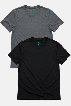Two t-shirts, one black and one gray, with a green logo on a white background. || Dark Heather Gray/Black