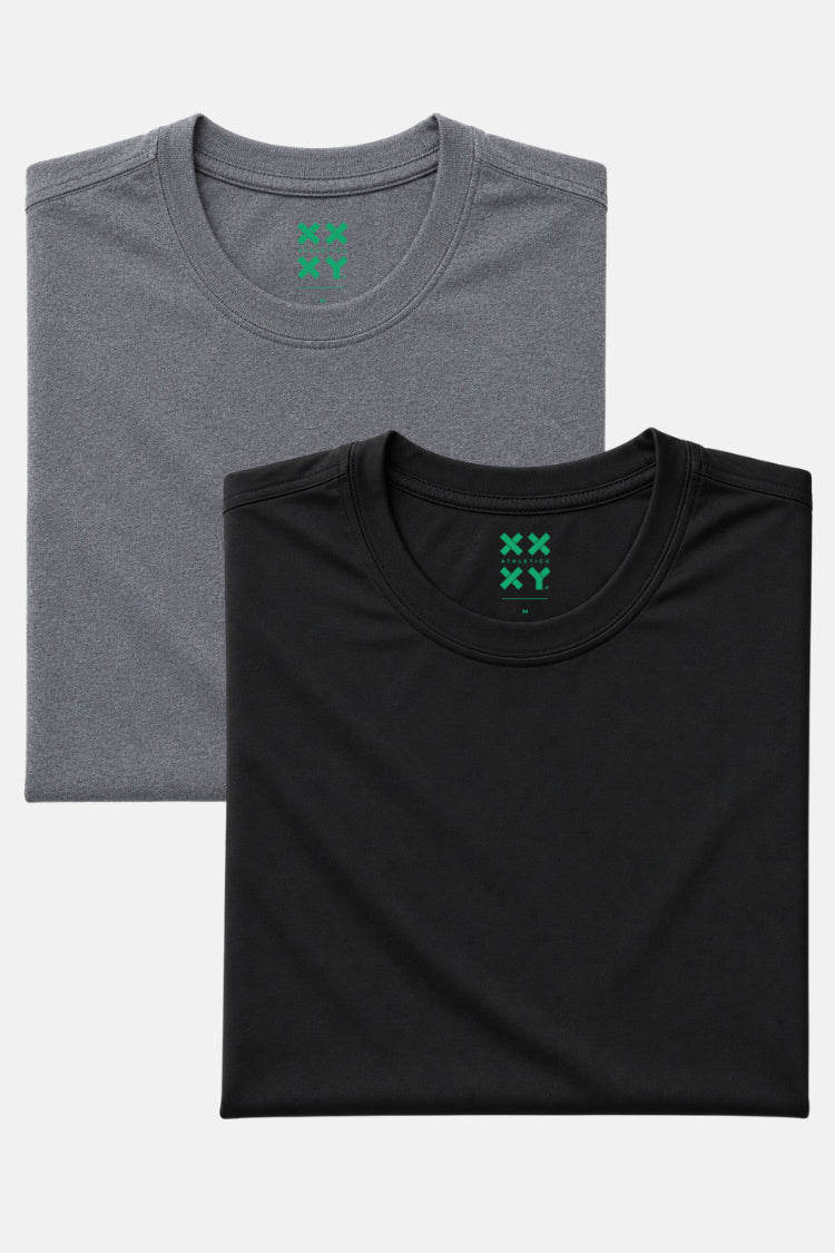 Two folded t-shirts, one gray and one black, with a green logo on a white background. || Dark Heather Gray/Black