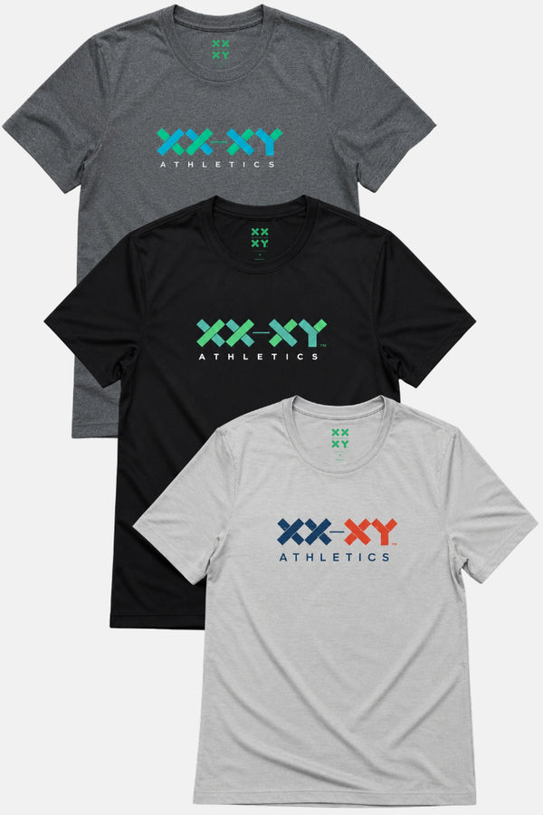 Three t-shirts with 'XXXY Athletics' logos in different colors on a white background. || Black/Dark Heather Gray/Light Heather Gray