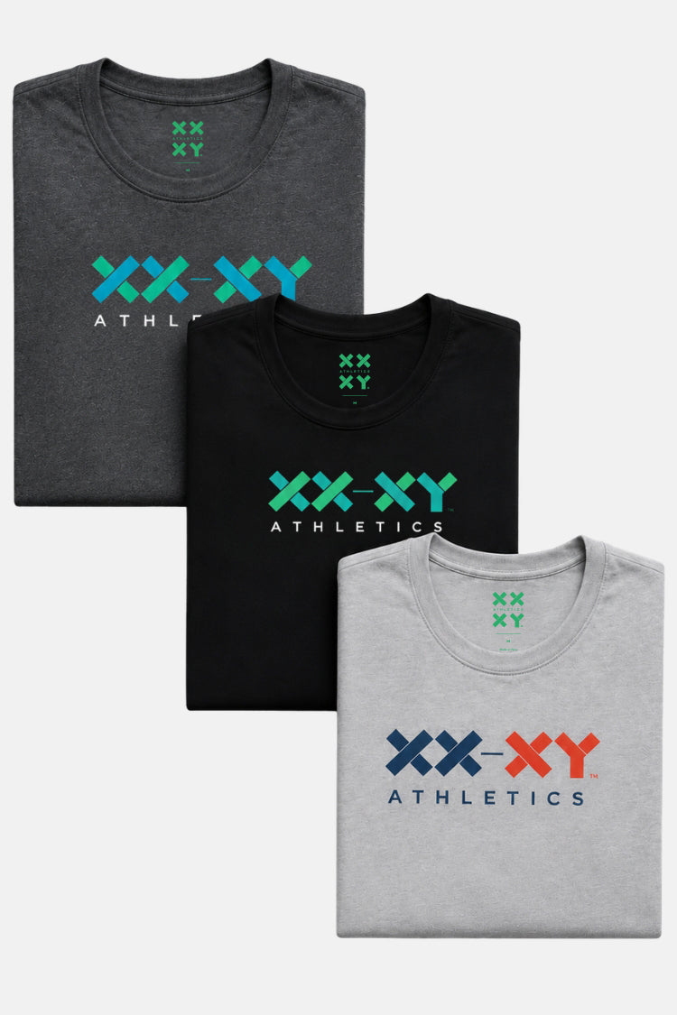 Three t-shirts with 'XXXY Athletics' logo on a white background || Black/Dark Heather Gray/Light Heather Gray