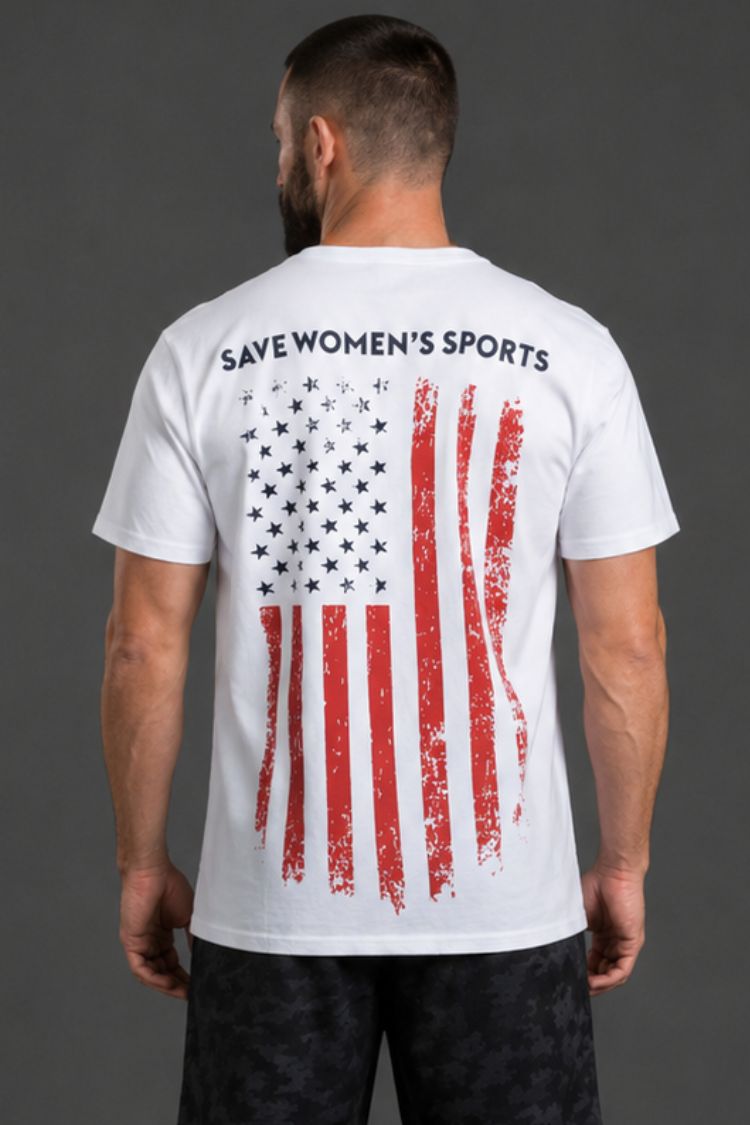 Man wearing a white t-shirt with an American flag and 'Save Women's Sports' text on the back against a gray background. || White