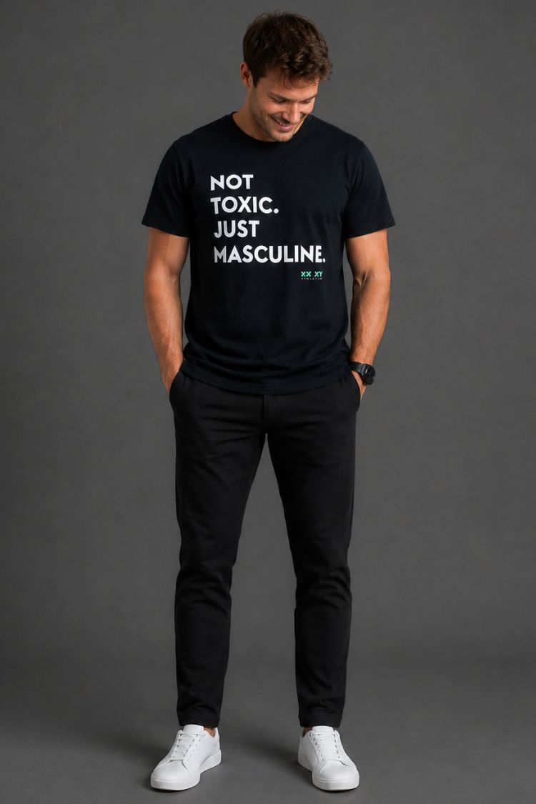 Man wearing a black t-shirt with text on a gray background || Black