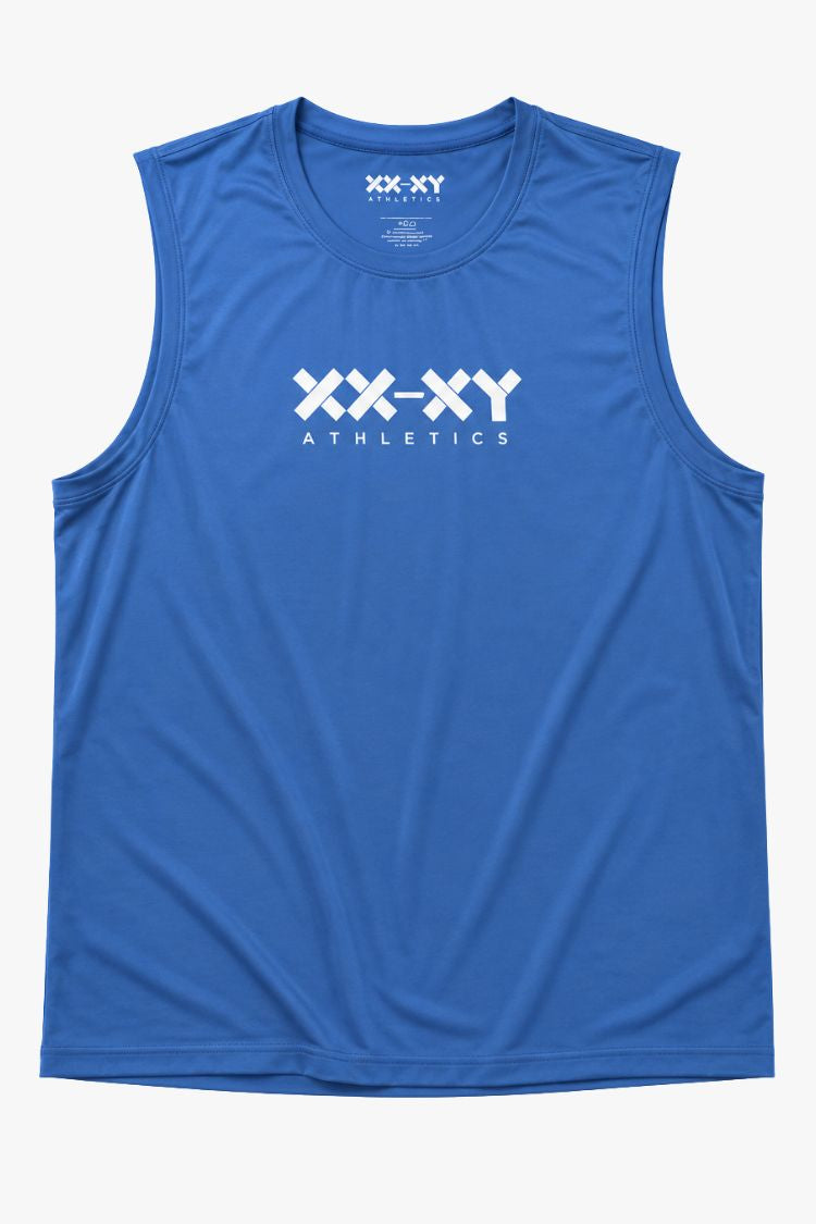 Blue sleeveless athletic shirt with 'XX-XY Athletics' logo on a white background