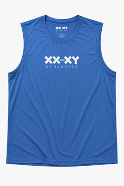 Blue sleeveless athletic shirt with 'XX-XY Athletics' logo on a white background || Cobalt Blue