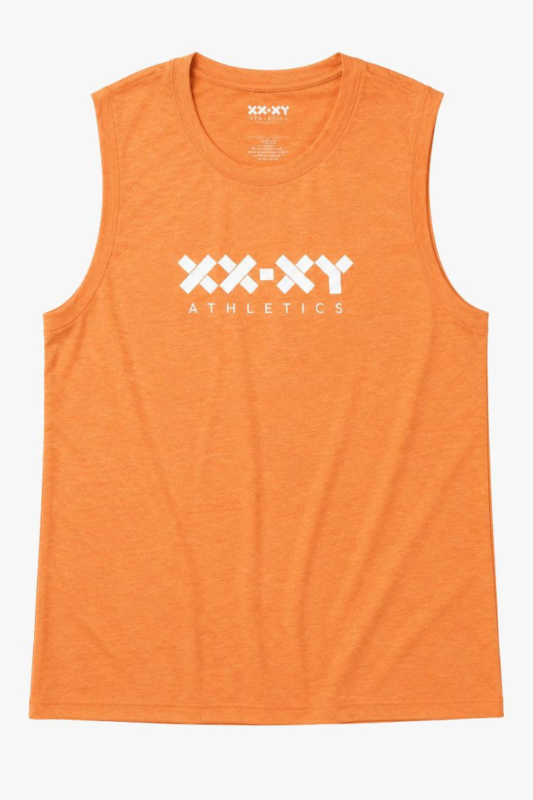 Orange sleeveless shirt with 'XXXY Athletics' logo on a white background