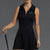Woman wearing a black sleeveless dress with a logo, holding a golf club || Black