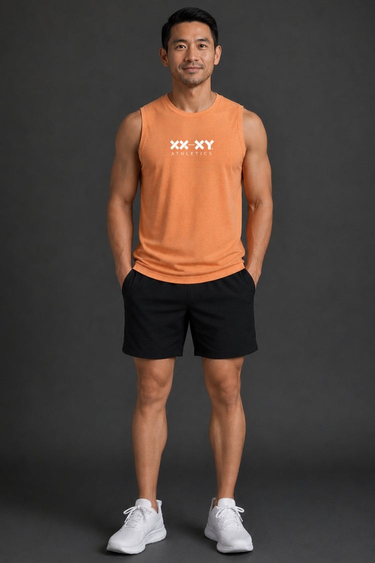 Man wearing an orange tank top with a logo and black shorts on a dark background || Light Orange
