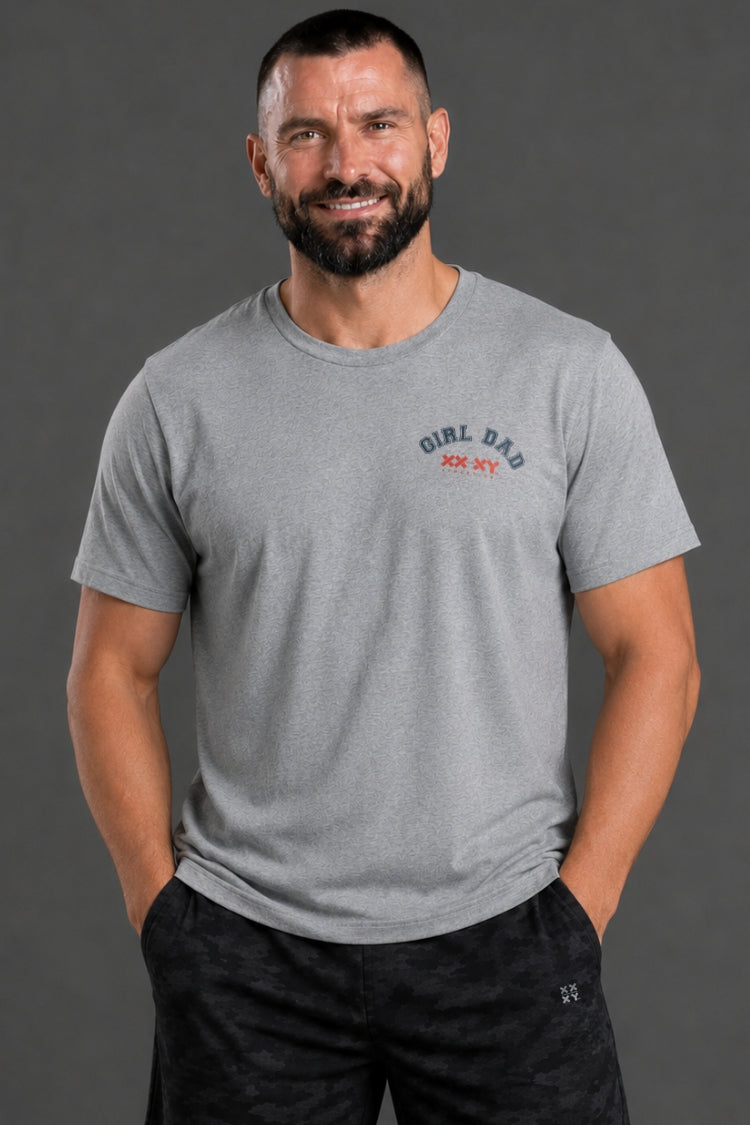 Man wearing a gray t-shirt with text and black shorts on a gray background || Light Heather Gray