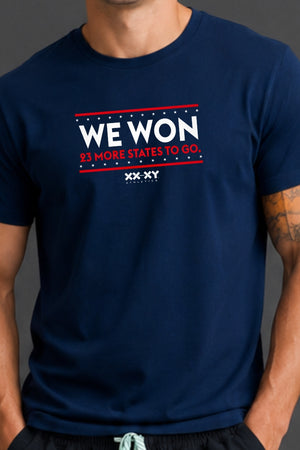 Zoomed in image of navy tshirt with WE WON text on it. || Navy