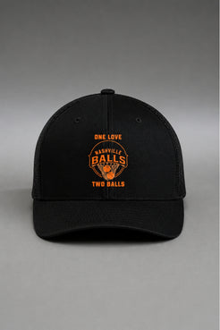 Black Nashville Balls trucker hat with orange One Love Two Balls graphic || black