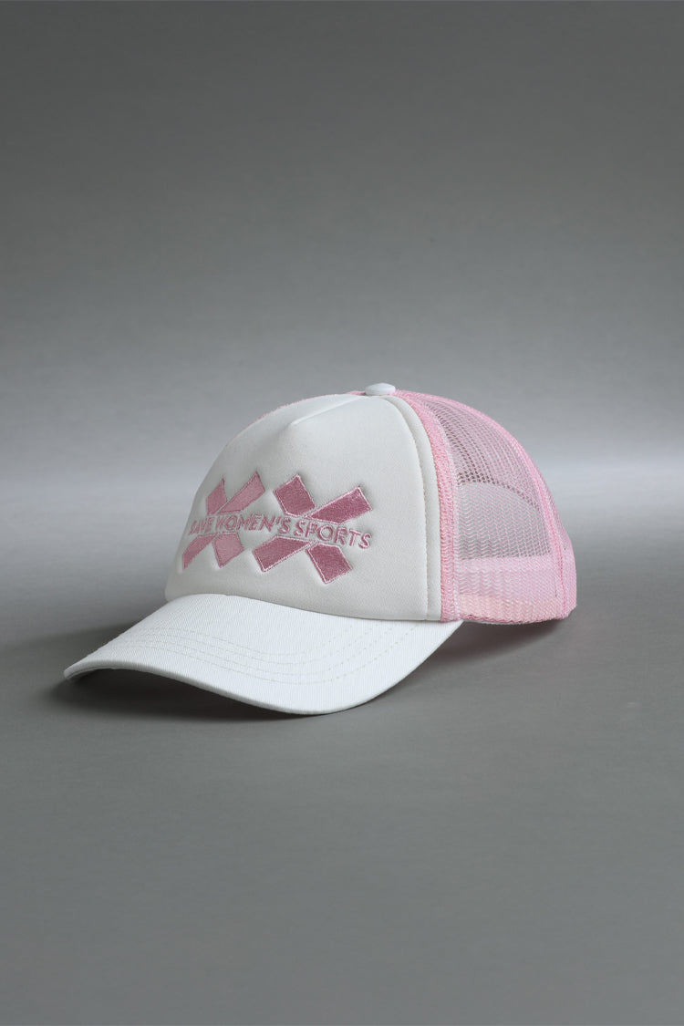 White and pink cap with a logo on a gray background || Pink