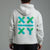 Person wearing a gray hoodie with a logo on the back against a gray background || Light Heather Gray