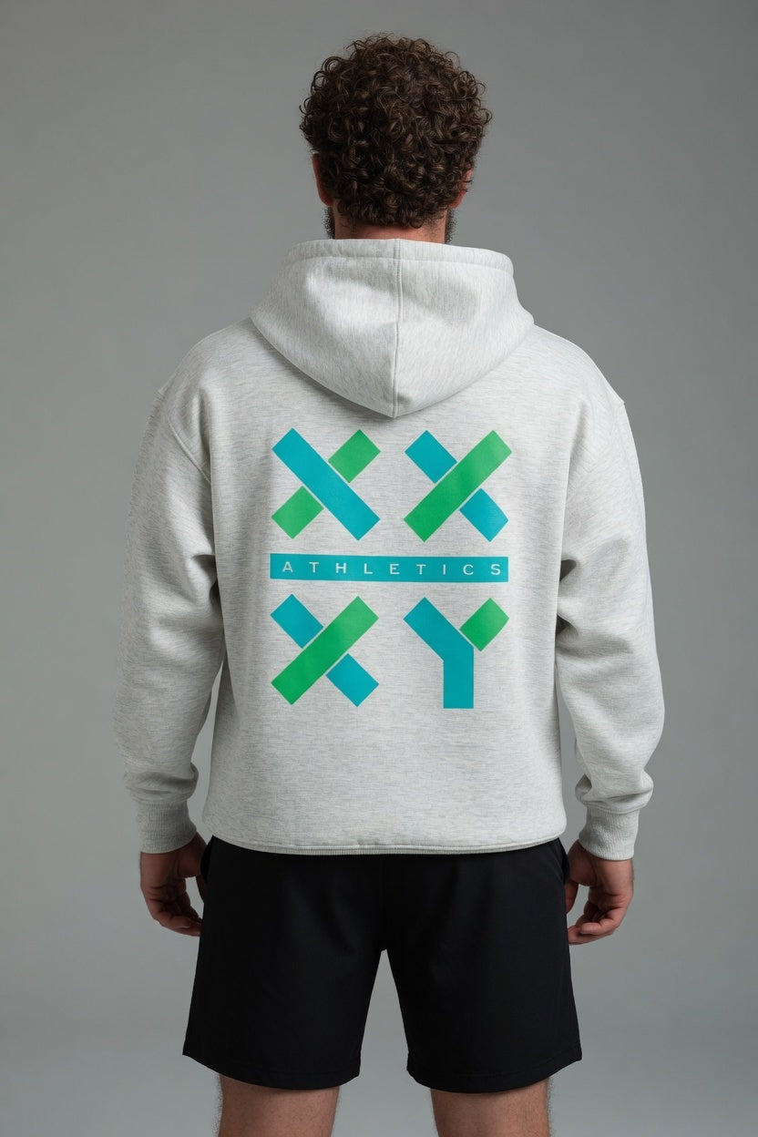 Person wearing a gray hoodie with a logo on the back against a gray background || Light Heather Gray