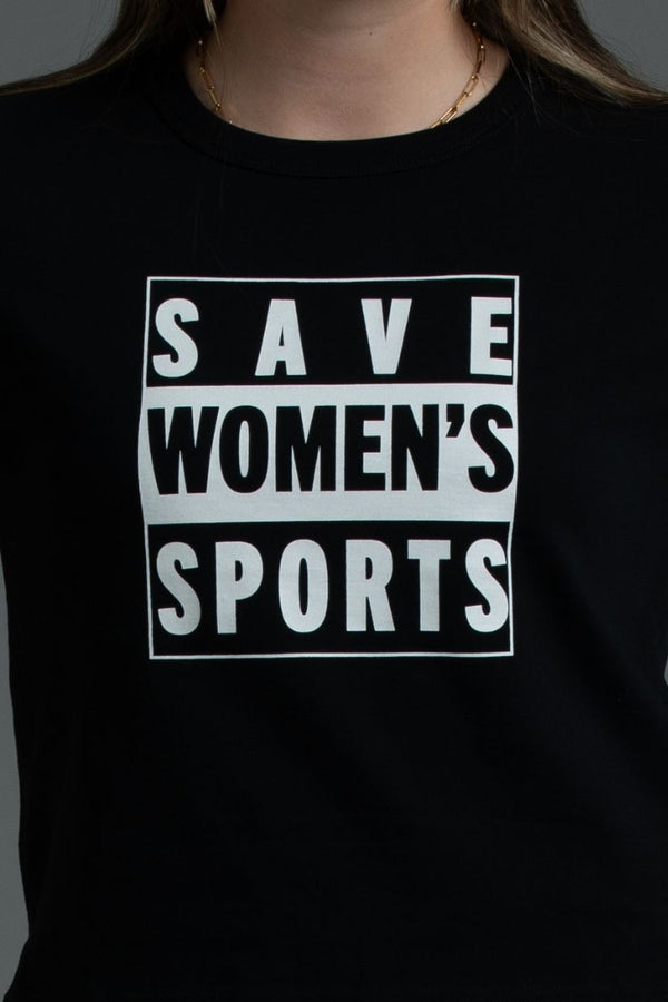 Black t-shirt with 'SAVE WOMEN'S SPORTS' text on a plain background || Black