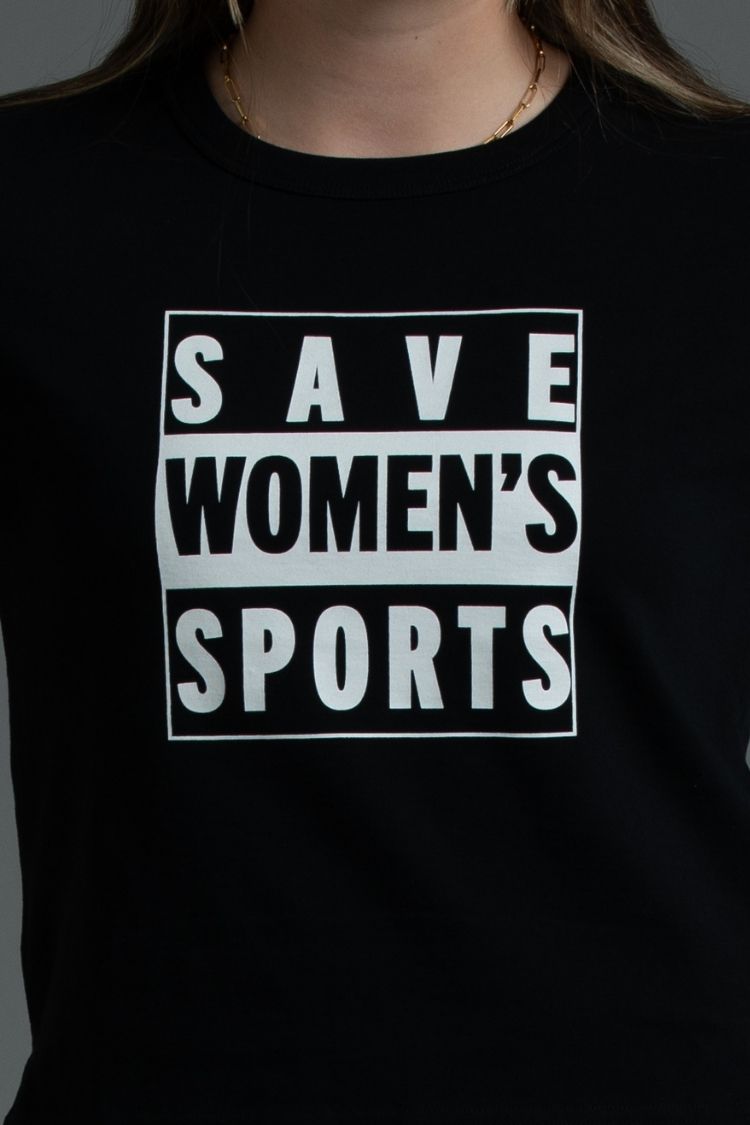 Black t-shirt with 'SAVE WOMEN'S SPORTS' text on a plain background || Black