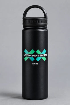 Black XX-XY Athletics Save Women’s Sports water bottle with teal and green graphic on a gray background. || Black