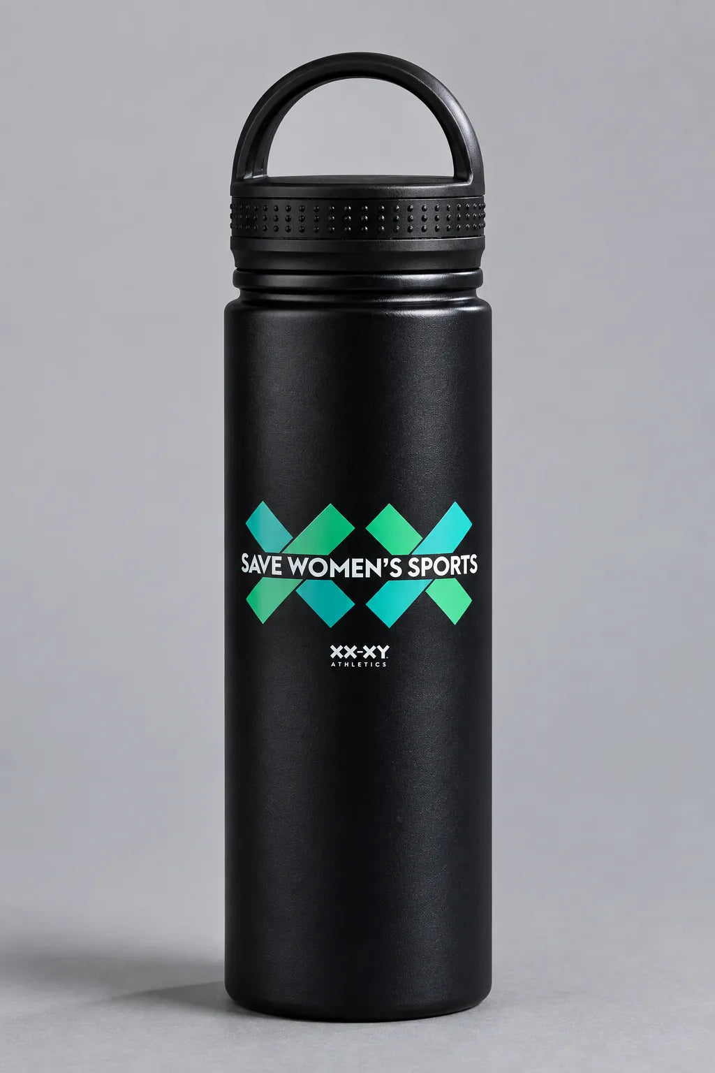 Black XX-XY Athletics Save Women’s Sports water bottle with teal and green graphic on a gray background. || Black