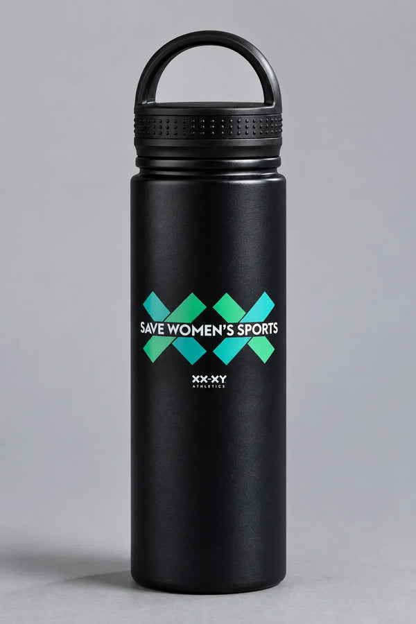 Black XX-XY Athletics Save Women’s Sports water bottle with teal and green graphic on a gray background. || Black