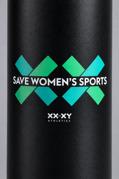Black XX-XY Athletics Save Women’s Sports water bottle with teal and green graphic on a gray background. || Black