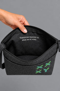 Interior view of black XX-XY Athletics wristlet pouch featuring the message "Tomorrow depends on what we do today." || Black