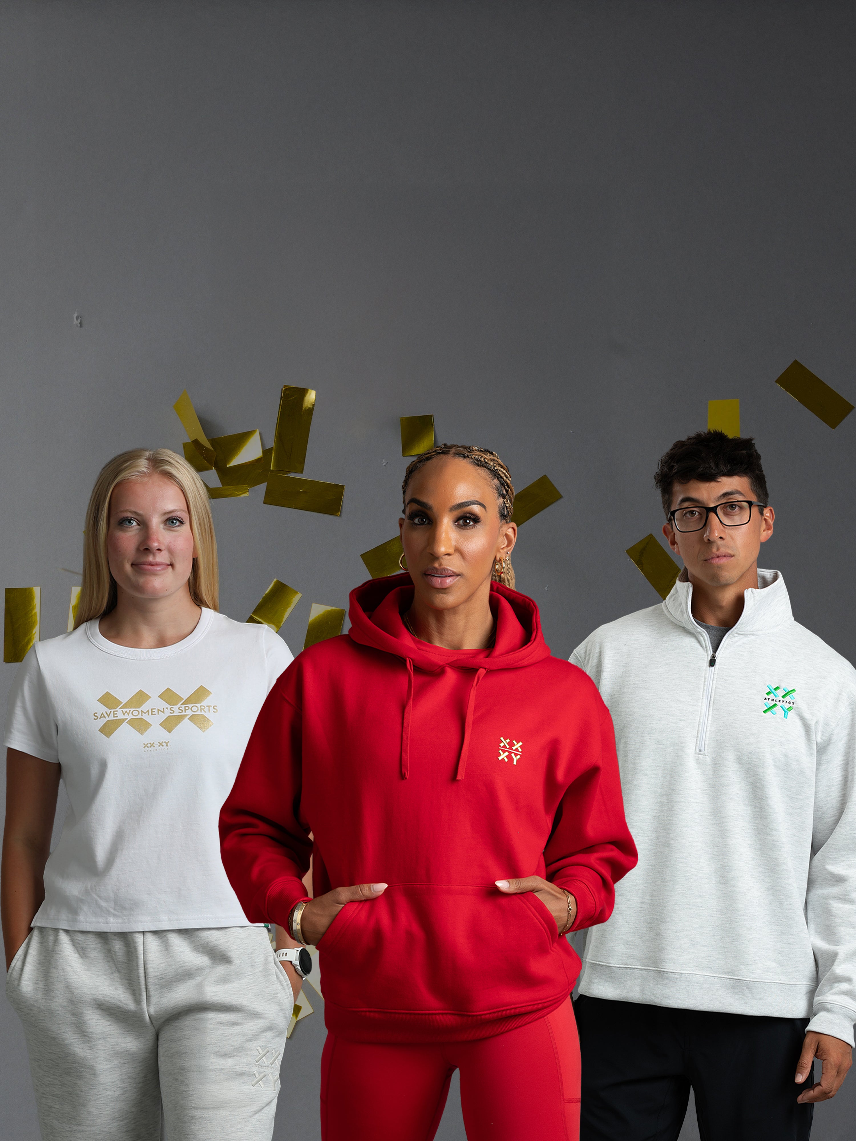 Three people wearing different outfits with logos against a gray background