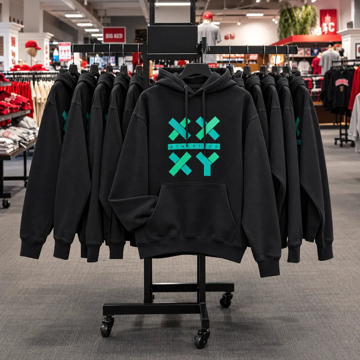 Black XX-XY Athletics hoodies featuring a teal logo hang on a clothing rack inside a retail store, with one hoodie prominently displayed in the center.