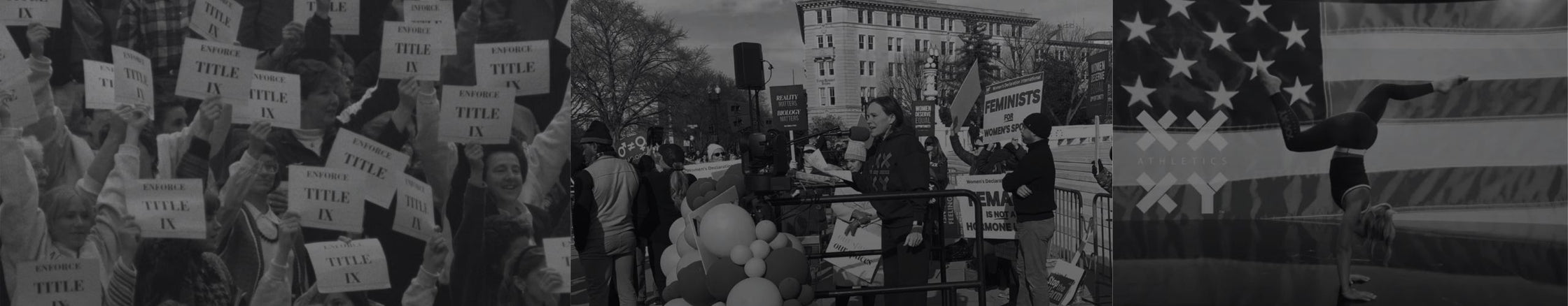 Black and white photo of a protest with people holding signs and an American flag.