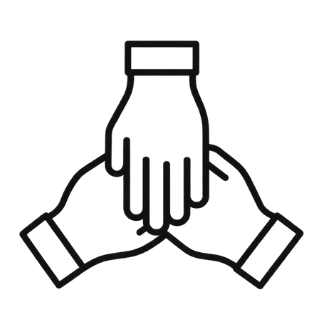 A minimalist black line icon depicting three hands stacked together, representing support, teamwork, or a high-five, isolated on a solid white background.