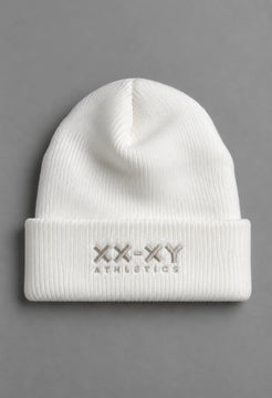 White ribbed knit beanie with folded cuff and embroidered XX-XY Athletics logo, front view || White